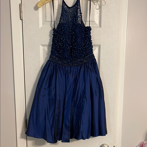 Beautiful Navy Sherri Hill Party Dress Iridescent Beaded Women’s Size 0 - Picture 1 of 4